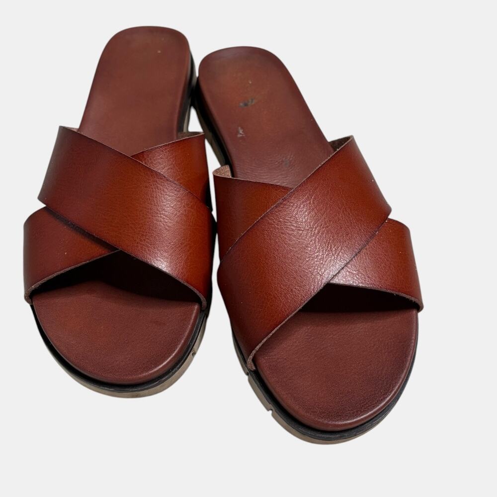 MIA Brown Leather Cross Strap Slide Sandals Size 9 Lug Sole Slip On Flats